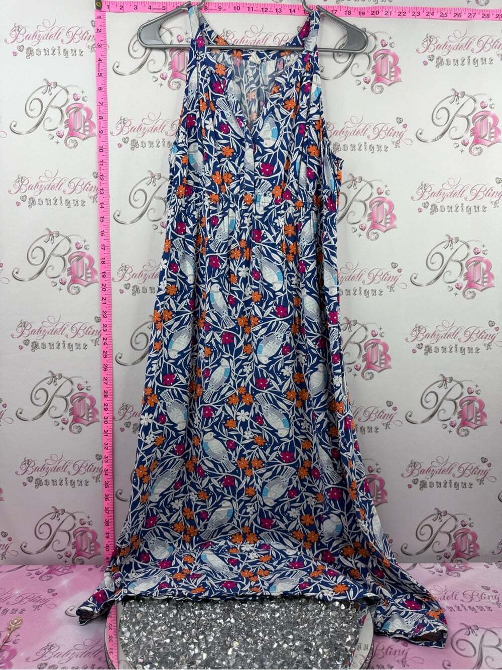Old Navy Blue Floral Maxi Dress with Orange & Pink Accents